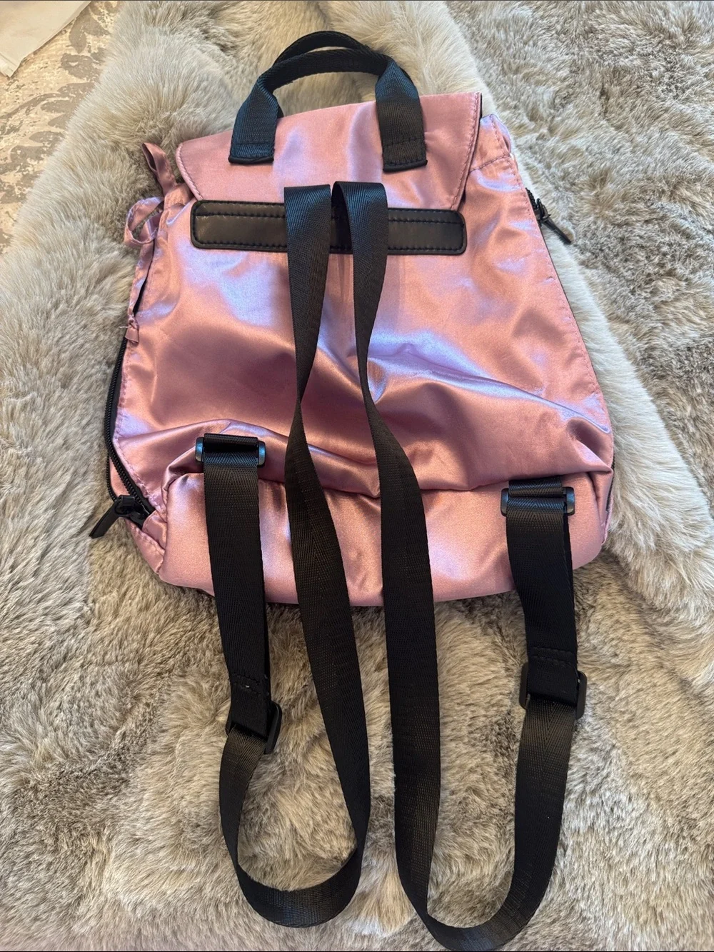 Justice Girls Light Pink Satin Mini Backpack with Black Trim